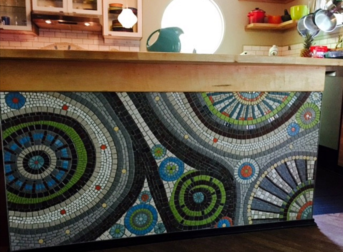 Custom Kitchen Island mosaic project, by Jeannette Brossart, recycled glass tile mosaic