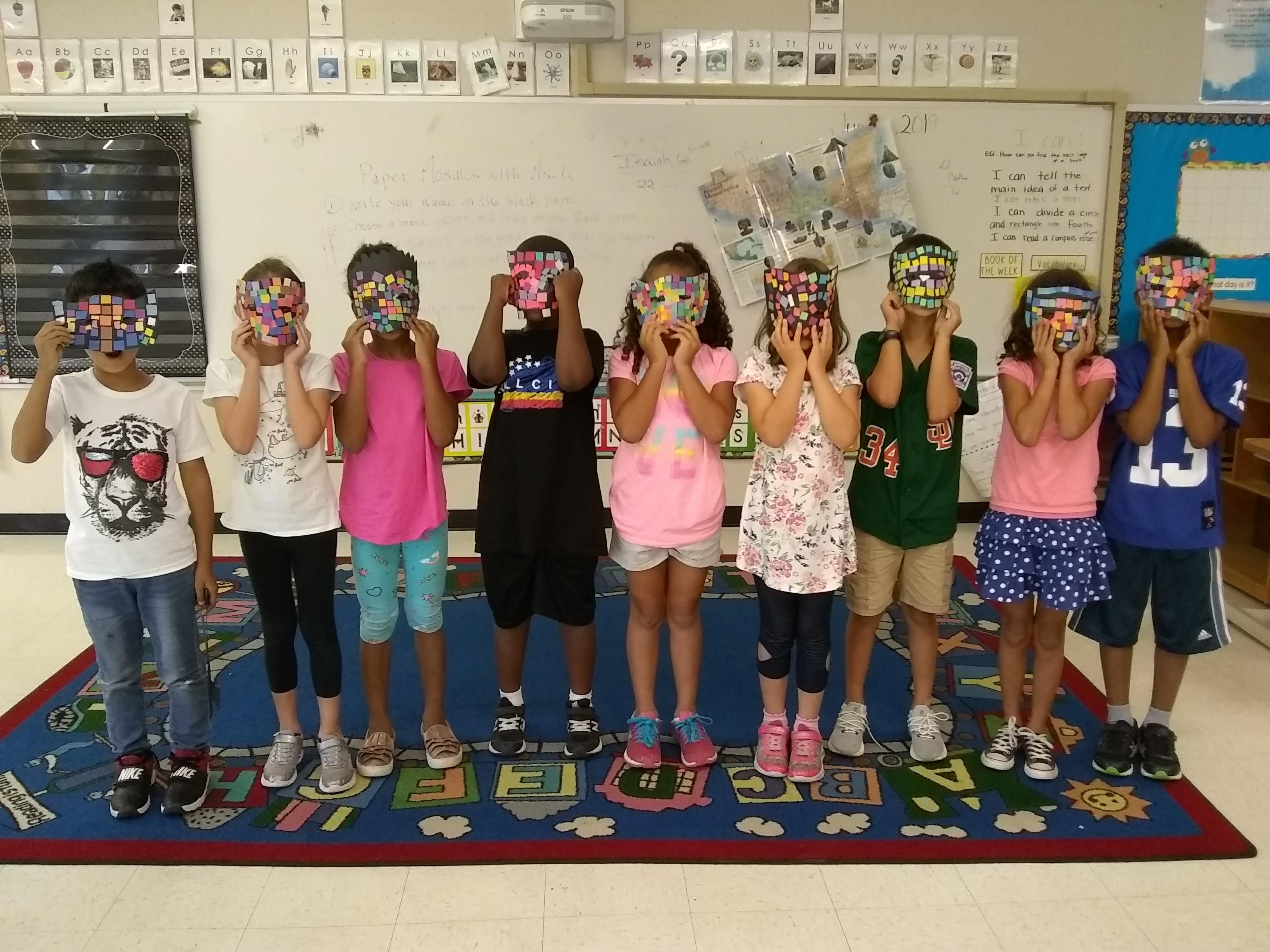 Durham Public Schools summer camp, Aztec mask paper mosaics with Jeannette Brossart